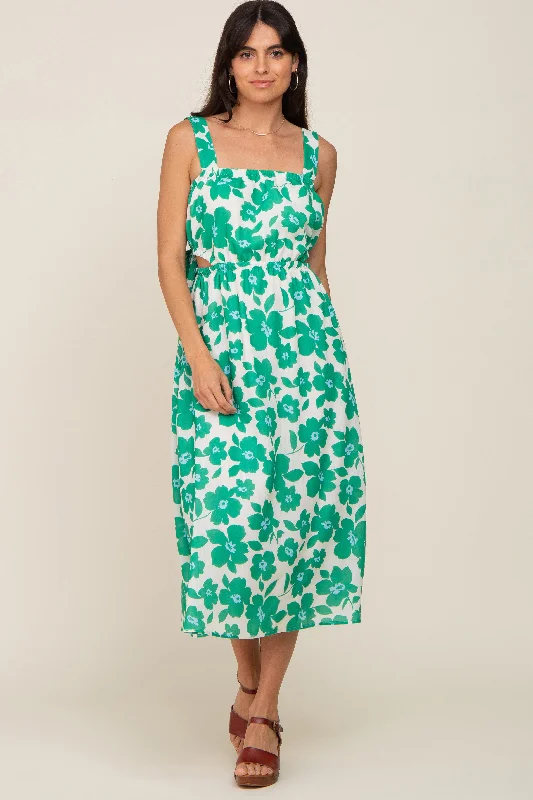 One-DAY Sale luxury dressGreen Floral Linen Square Neck Open Back Midi Dress