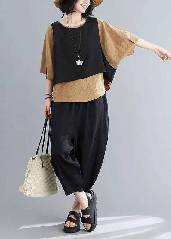 Incredible Offers Unique Khaki O-Neck Patchwork Cotton Tops And Pants Pieces Set Summer LY0625