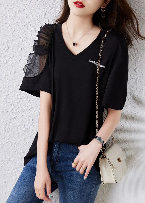 Year-End Sale Simple Black V Neck Tulle Patchwork Cotton T Shirt Top Summer TQ1043