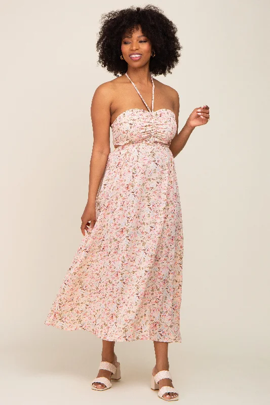 Unbeatable Prices sophisticated dressLight Pink Floral Halter Tie Open Back Midi Dress