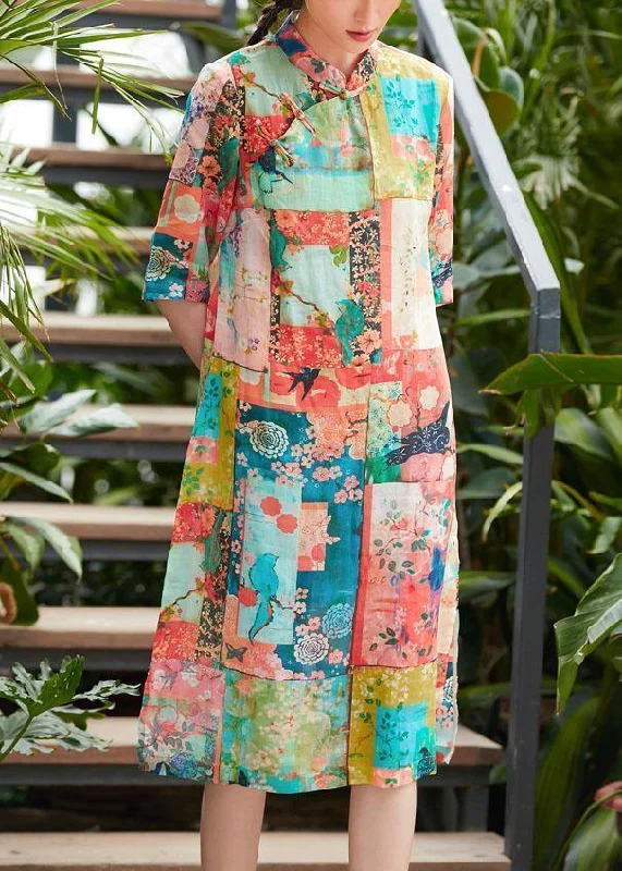 Can't Miss trendy wrap dressFrench floral linen clothes stand collar half sleeve shift summer Dresses