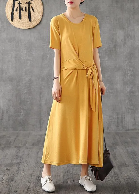 Deal Explosion A-line dressBohemian o neck Bow cotton dress yellow Traveling Dresses summer