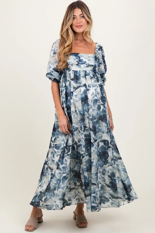 Blowout Sale wrap dressNavy Floral 3/4 Puff Sleeve Maternity Maxi Dress