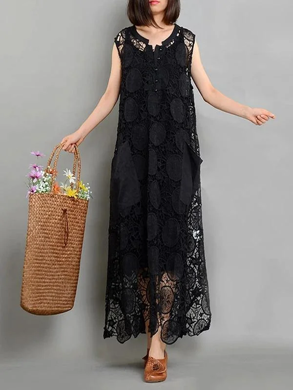 Reduced Prices vintage-inspired dressBohemian pockets asymmetric summer Long black Dress