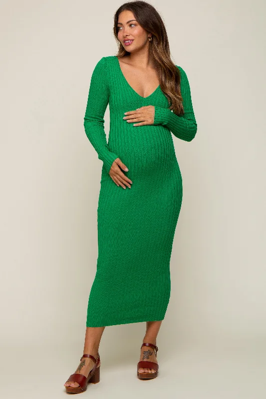 Early Bird Discount flowy maxi dressGreen V-Neck Long Sleeve Fitted Maternity Maxi Dress