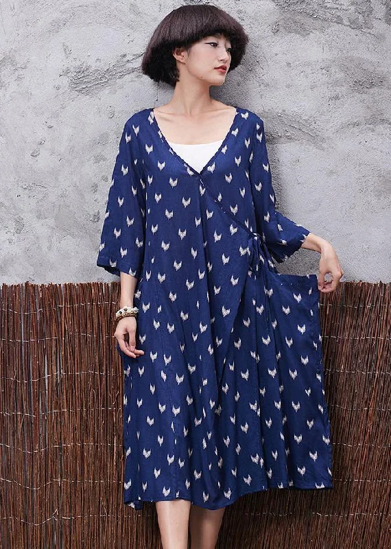 Low Prices sleeveless dressFrench blue prints v neck linen quilting clothes asymmetric tie cotton robes summer Dresses