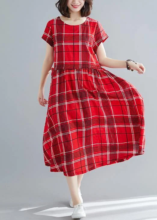 Friends and Family Sale structured dressFrench red plaid linen cotton quilting clothes big hem Dresses summer Dresses