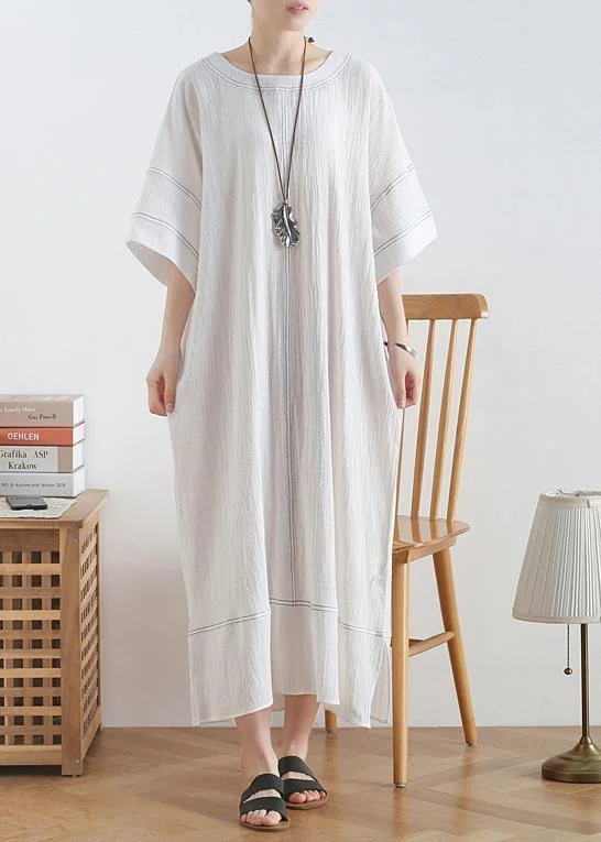Limited Edition flowy maxi dressLoose o neck baggy linen summer clothes For Women design white Dresses