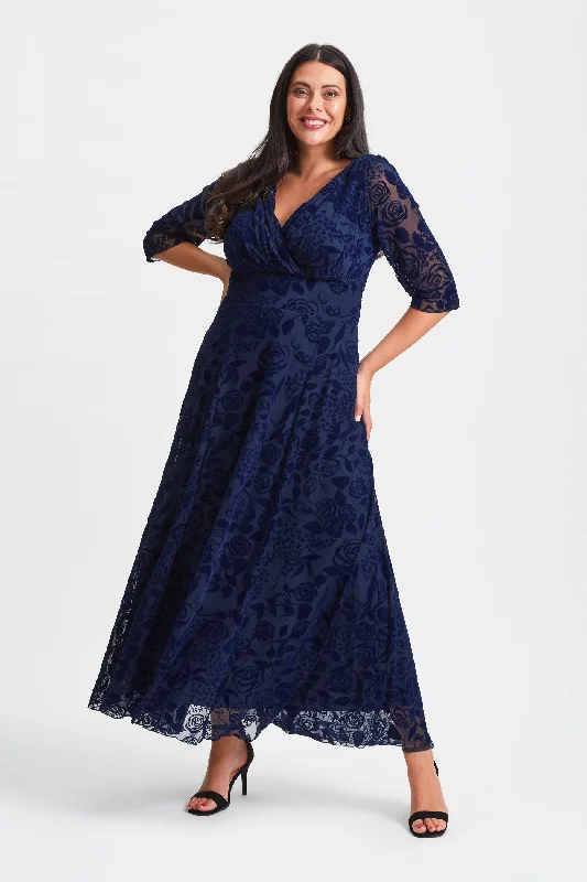 Limited Edition sleek dressVerity Dark Navy Velvet Flock Maxi Gown