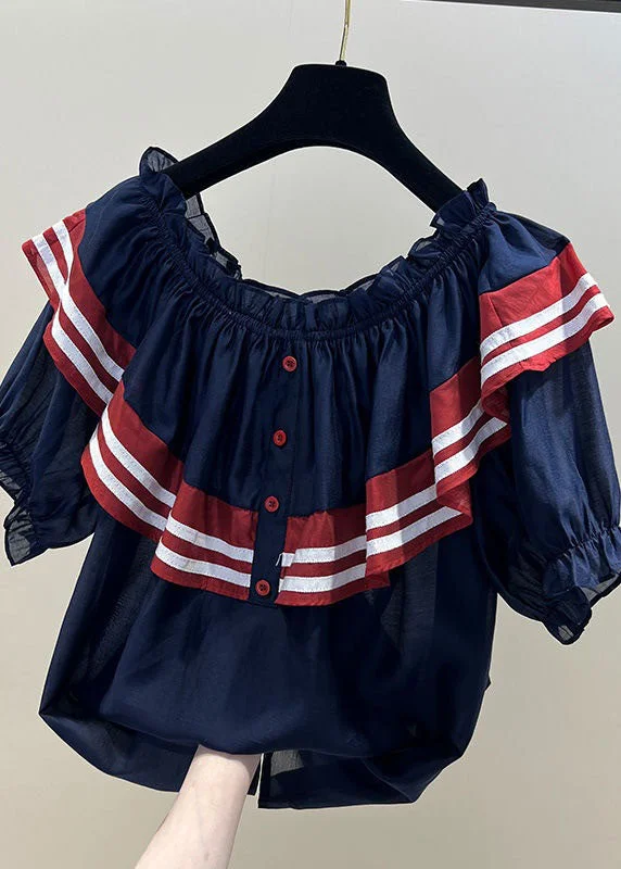 Extra Discounts Art Navy Slash Neck Ruffled Patchwork Chiffon Tops Summer LY0588