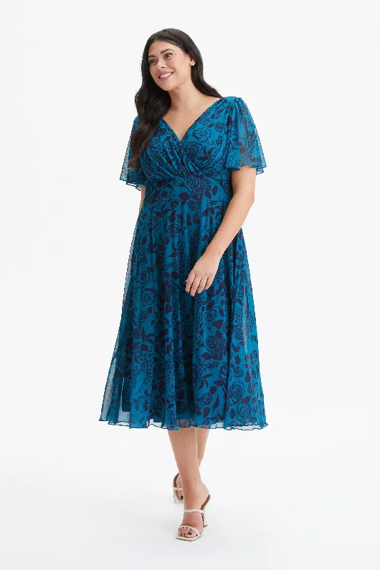 Exclusive Online Offer elegant dressVictoria Teal Indigo Angel Sleeve Mesh Long Midi Dress