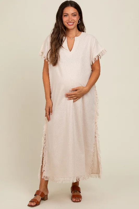 Midnight Madness ruffle dressCream Linen Fringe Accent Side Slit Maternity Midi Dress