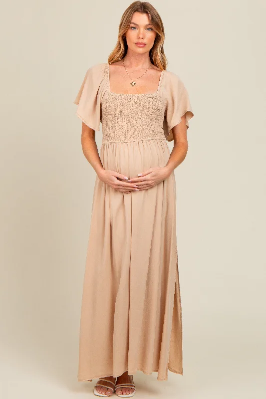 TIME-Limited Offer casual shift dressBeige Chambray Smocked Maternity Maxi Dress