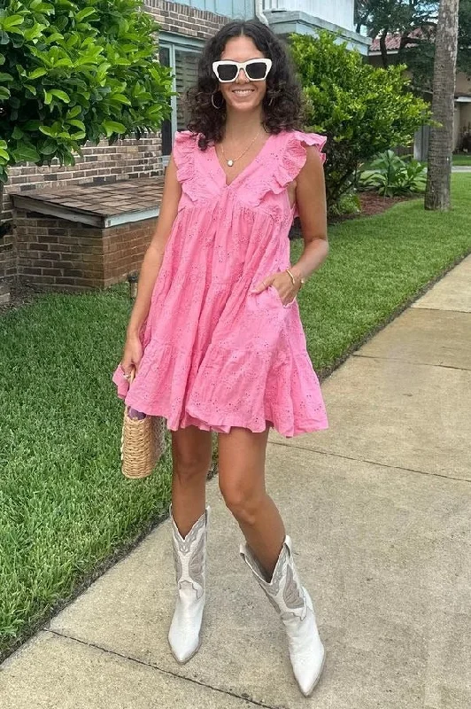 Blowout Deals bohemian dressCoral Eyelet Babydoll Mini Dress