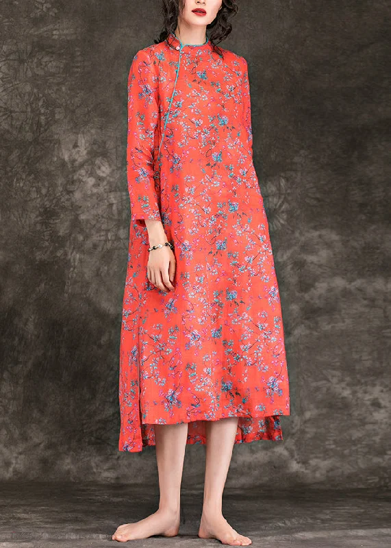 New Deals wrap-around dressHandmade stand collar side open linen clothes plus size Fashion Ideas red print Dress Summer