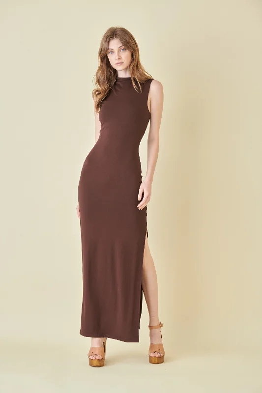 Limited Availability romantic dressBrown Asymmetrical Neck Side Slit Maxi Dress