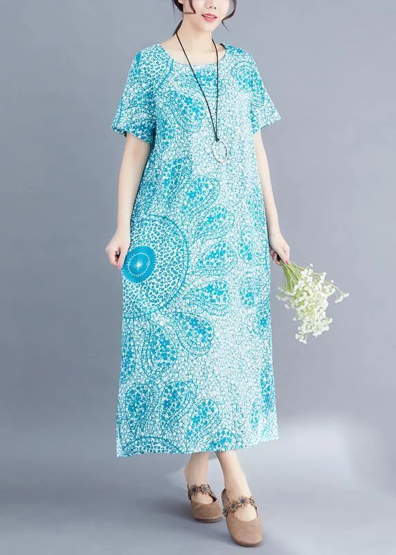 Instant Discount flowy evening dressModern blue print linen Long Shirts Organic Fabrics o neck side open Maxi Summer Dress