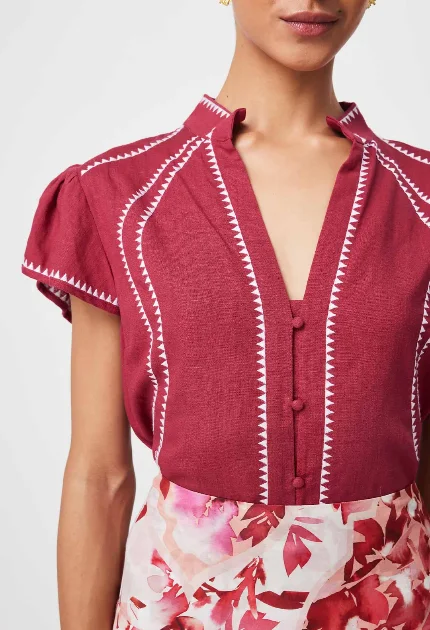 Bonus Savings Once Was CARLYLE EMBROIDERED LINEN VISCOSE TOP IN CRIMSON