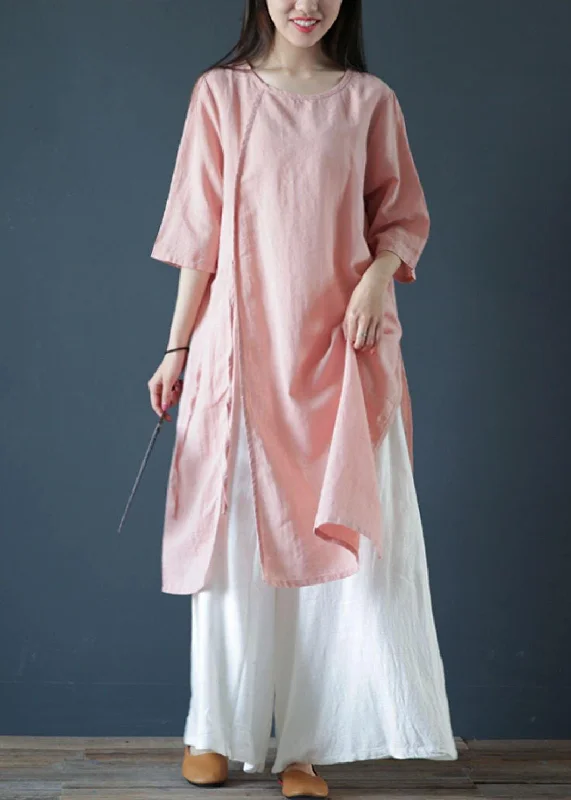 Price Buster casual slip dressClassy o neck side open linen dress design light print Dresses