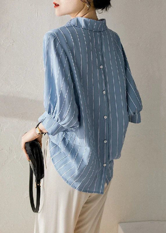 Today Only DIY Blue Striped Peter Pan Collar Patchwork Silk Shirt Top Summer TQ1065