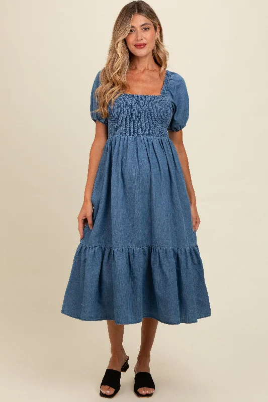 Limited Time party-ready dressBlue Vintage Wash Chambray Smocked Maternity Midi Dress