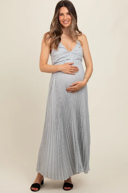 Super Deal modern dressSilver Pleated Back Cutout Tie Maternity Maxi Dress