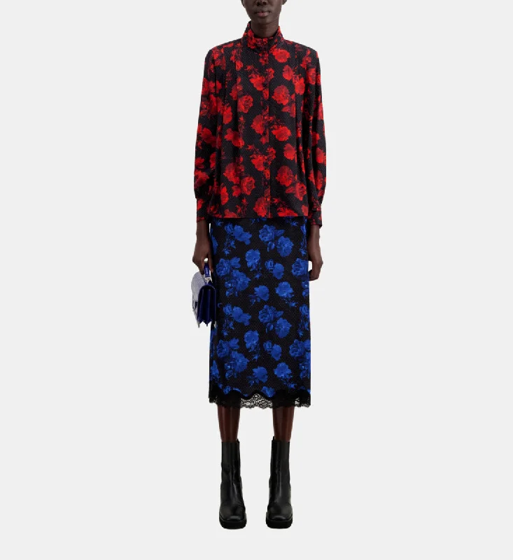 Big Savings Printed Silk Top With Pleating | Women | Black x Red