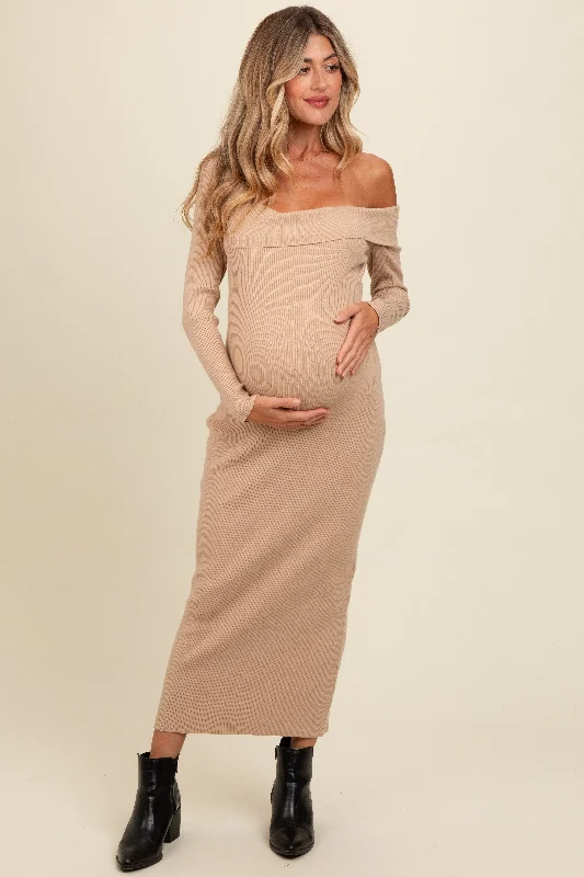 Final Sale backless dressBeige Foldover One Shoulder Maternity Maxi Sweater Dress