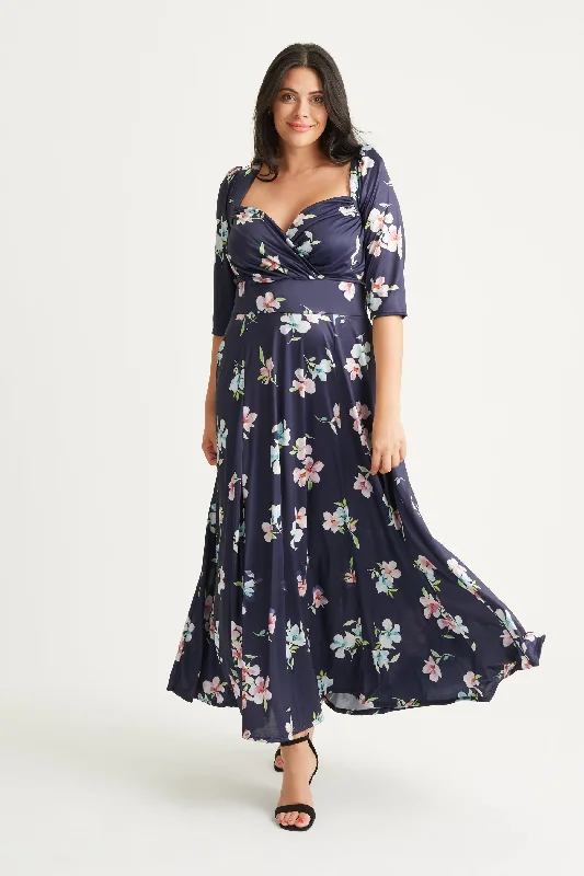 Discount Extravaganza chic shift dressElizabeth Navy Pink Blue Print Satin Maxi Gown