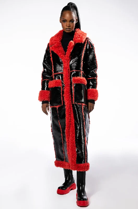 Can't Be Beat warm outerwearLONG PATENT TRENCH COAT WITH FUR TRIM