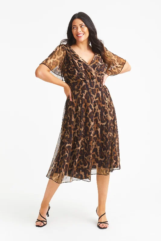 Best Bargains boho dressVictoria Leopard Print Angel Sleeve Mesh Midi Dress