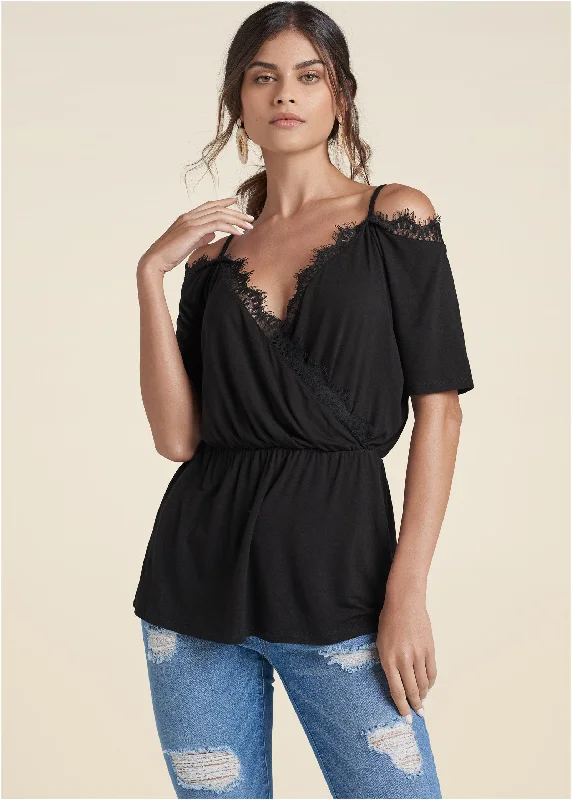 Price Slash flowy evening dressCold-Shoulder Lace Top - Black