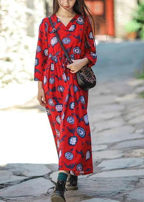 Bonus Savings flowy evening dressNatural red print cotton Soft Surroundings v neck drawstring Love summer Dresses