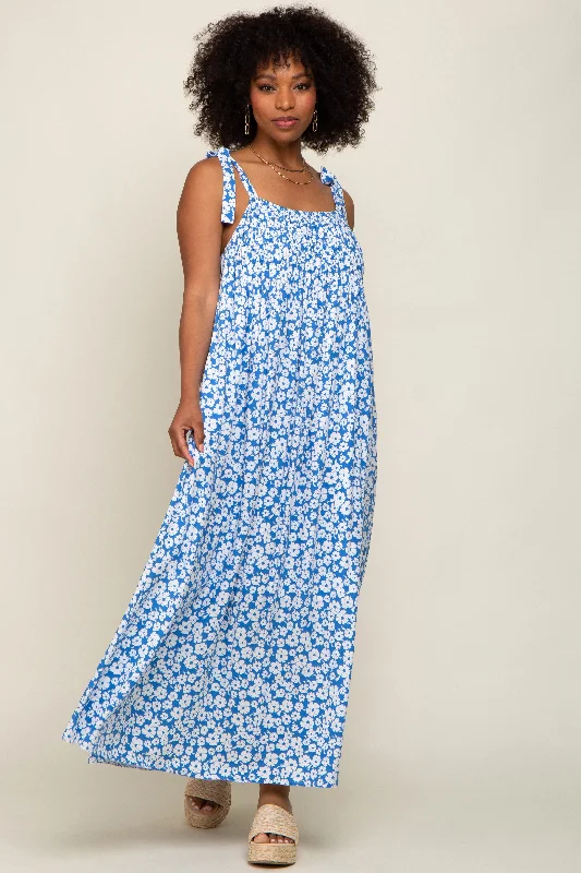 Deal of the Day boho dressLight Blue Floral Smocked Shoulder Tie Maxi Dress