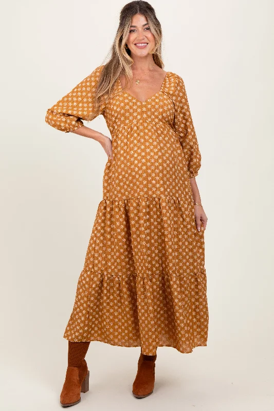 Super Savings bohemian dressDark Yellow Floral Long Sleeve Tiered Maternity Maxi Dress