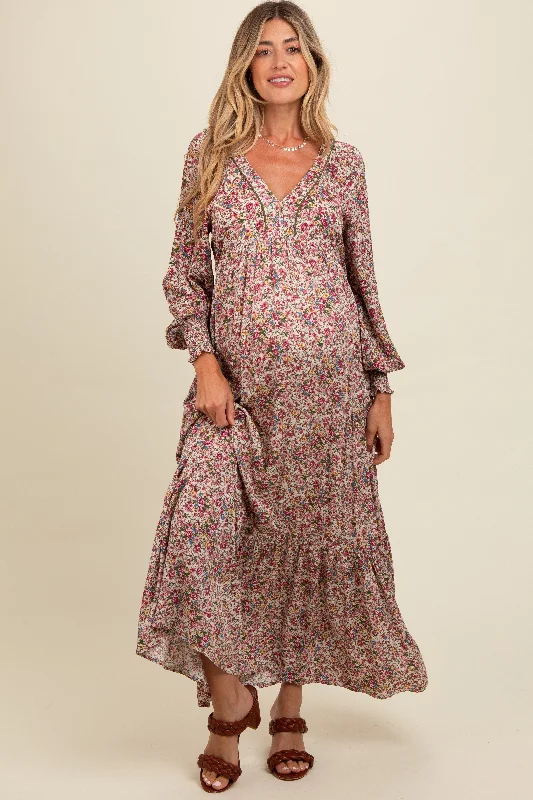 Closeout stylish dressCream Floral V-Neck Bubble Sleeve Maternity Maxi Dress