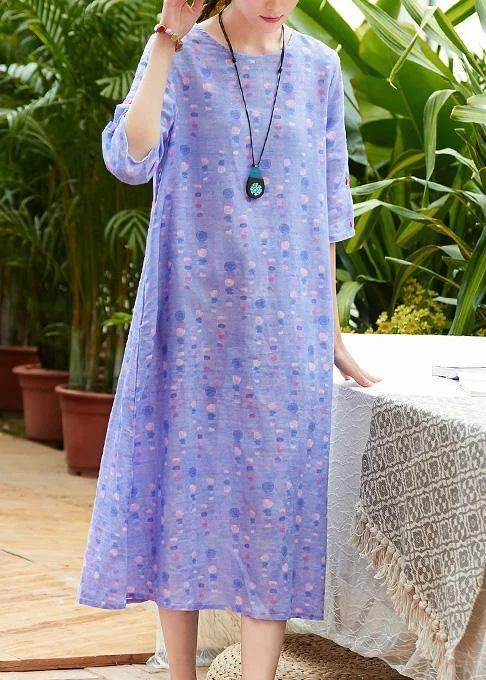 Discount Extravaganza printed dressHandmade o neck half sleeve linen dress Fabrics light purple Dresses summer