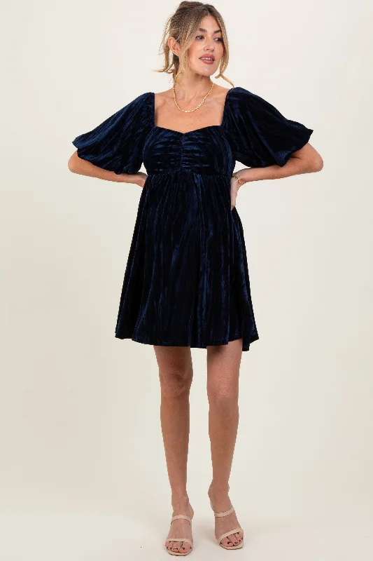 Exclusive Online Offer fitted dressNavy Crushed Velvet Puff Sleeve Maternity Mini Dress