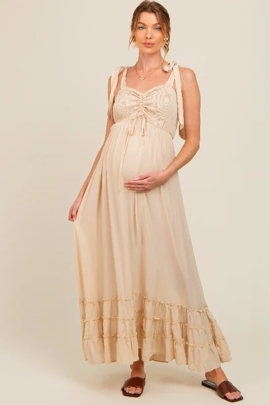 Stock Clearance denim dressBeige Sweetheart Neck Smocked Shoulder Tie Maternity Maxi Dress