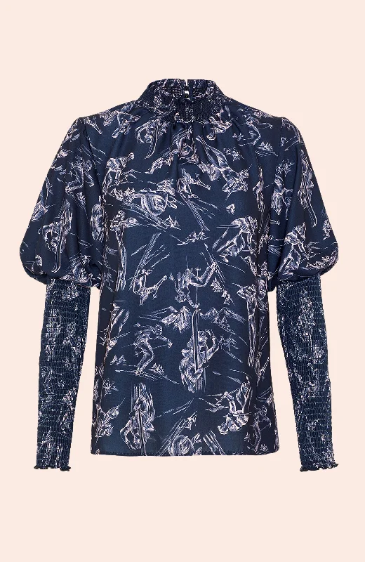 Limited Availability Ski Printed Crepe Smock Detail Top | Navy Multi
