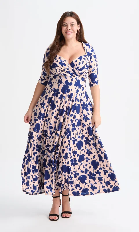 Flash Deals casual midi dressElizabeth Blue Cream Print Bolero Wrap Bodice Maxi Gown