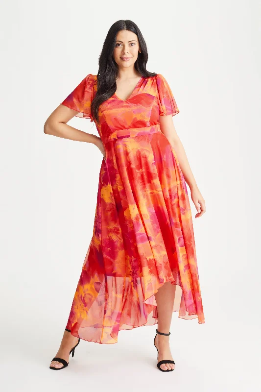 Instant Discount spaghetti strap dressTilly Orange Floral Print Angel Sleeve Sweetheart Dress