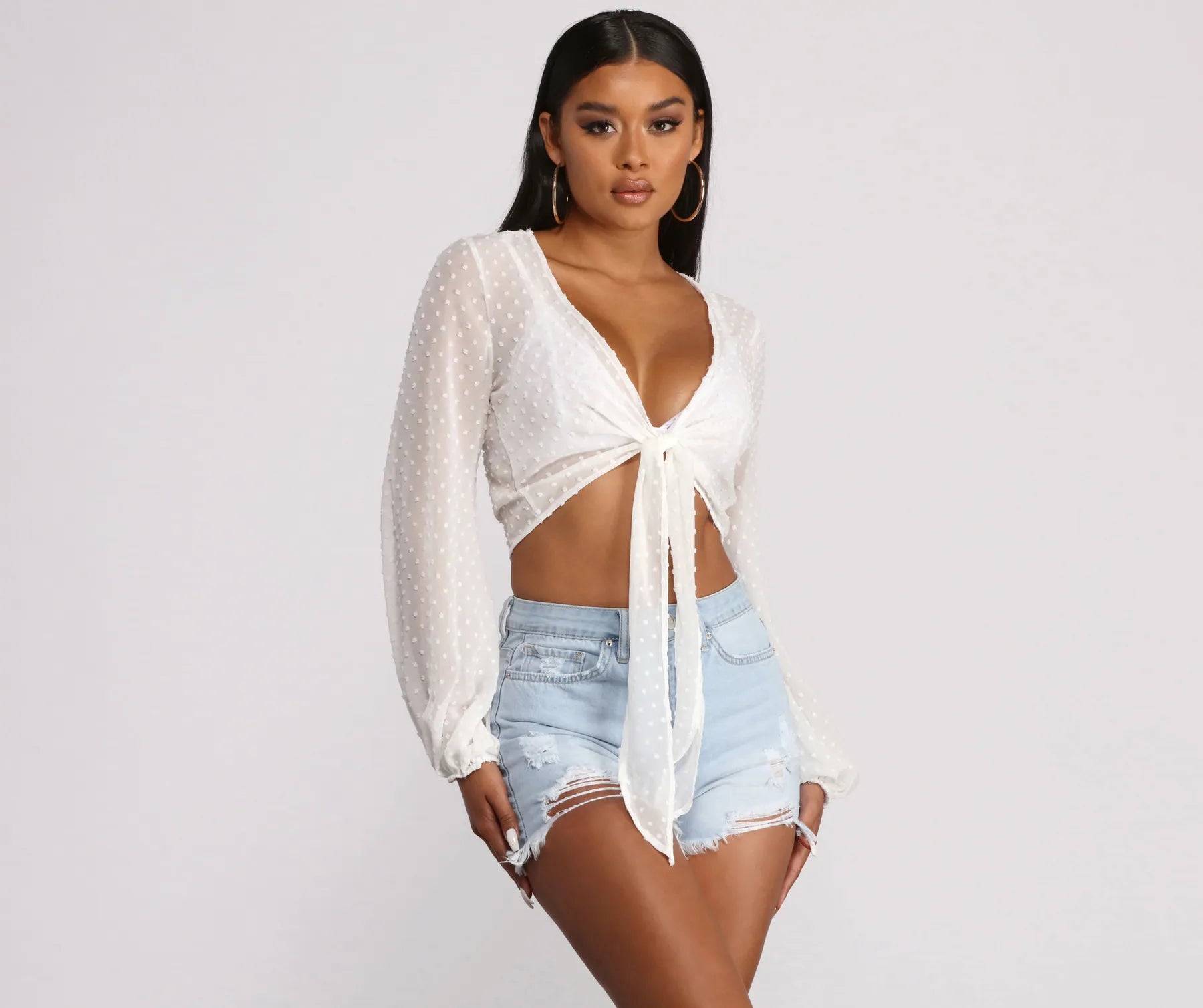 Deal Dash Polka Dot Woven Tie Front Top