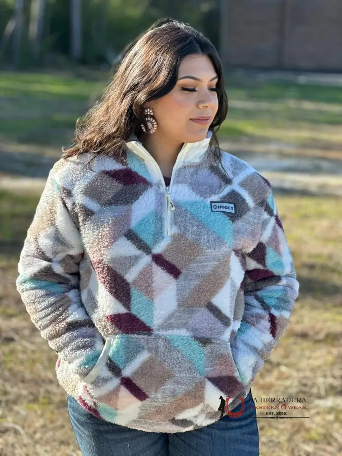 YEAR-End Clearance Hooey Womens White Geometric Multi Color Pattern Sherpa Pullover Half Zip