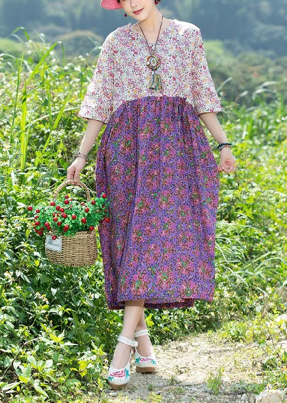 Early Access sleeveless dressModern purple patchwork Cotton clothes v neck Plus Size summer floral Dresses