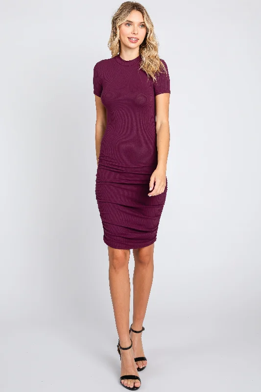 Stock Up and Save casual slip dressPlum Ribbed Ruched Short Sleeve Dress