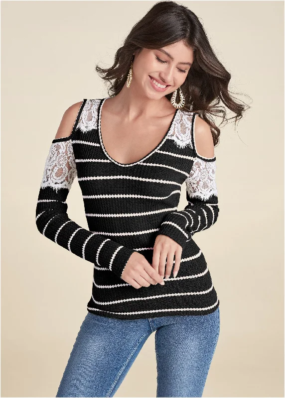 Grand Opening Sale trendy bodycon dressWaffle Knit Lace Top - Black & White