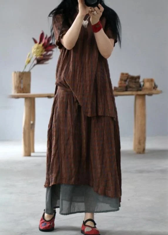 Special Price casual dressClassy cotton tunic pattern fine Retro High Low Hem Plaid V-Neck Loose Blouse