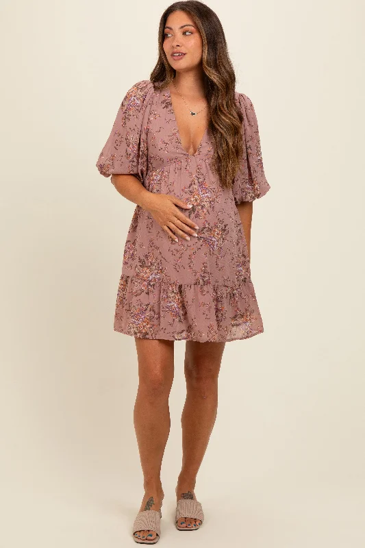 Clearance Items casual day dressMauve Deep V-Neck Tie Back Floral Maternity Mini Dress