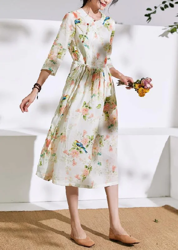 Bargain Prices casual evening dressDIY floral linen clothes For Women o neck drawstring cotton Dress